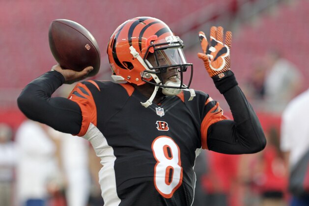 Aug 24, 2015; Tampa, FL, USA; Cincinnati Bengals quarterback Josh Johnson (8) warms up on the field before the start of a preseason NFL football game against the Tampa Bay Buccaneers at Raymond James Stadium. Mandatory Credit: Reinhold Matay-USA TODAY Sports