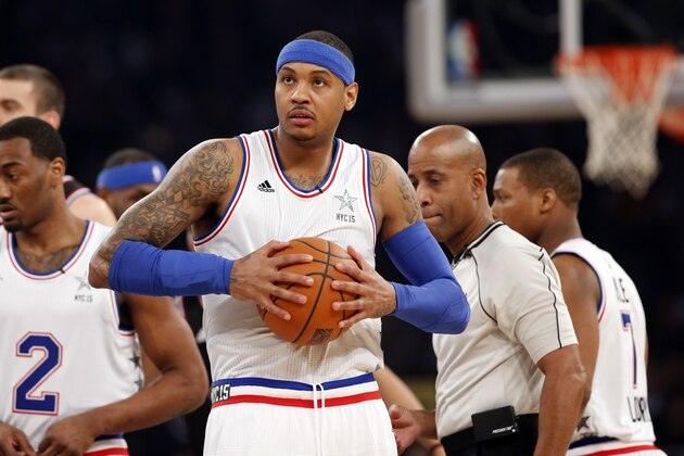 East Team's Carmelo Anthony, of the New York Knicks, holds a ball before the start of  the NBA All-Star basketball game, Sunday, Feb. 15, 2015, in New York. (AP Photo/Kathy Willens)