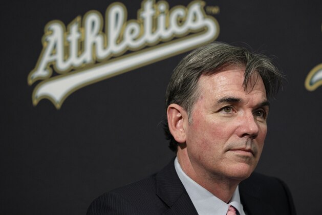 Oakland Athletics general manager Billy Beane during a news conference introducing new shortstop Hiroyuki Nakajima Tuesday Dec. 18, 2012 in Oakland, Calif. (AP Photo/Eric Risberg)