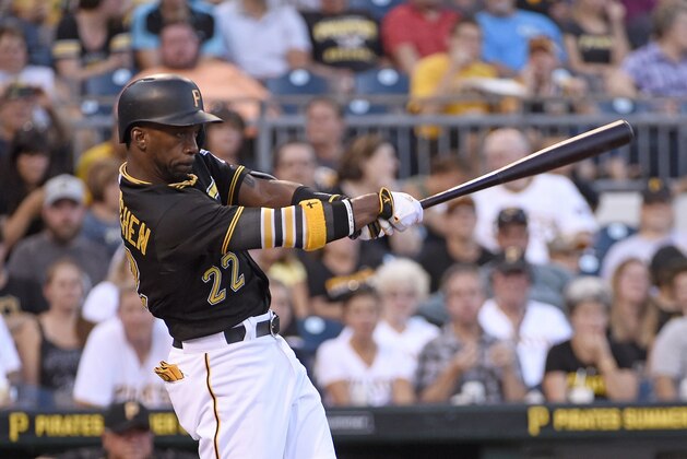 Pittsburgh Pirates center fielder Andrew McCutchen bats during  a baseball game between the Arizona Diamondbacks and Pittsburgh Pirates, Wednesday, Aug. 19, 2015, in Pittsburgh.  (AP Photo/Fred Vuich)