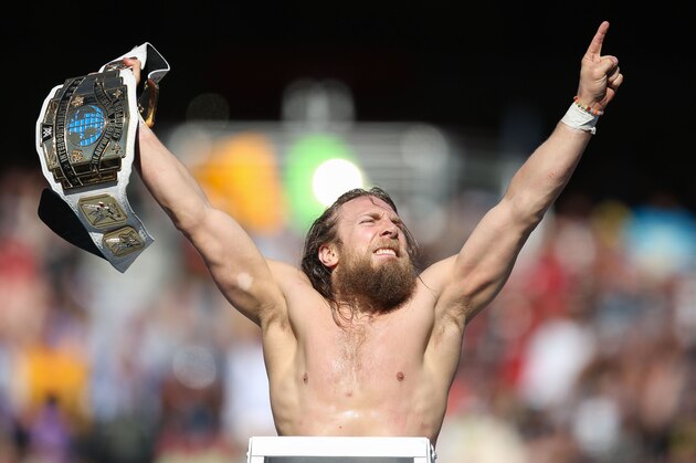 IMAGE DISTRIBUTED FOR WWE - WWE Superstar Daniel Bryan celebrates becoming the new Intercontinental Champion at WrestleMania 31 at Levi's Stadium. on Sunday, March 29, 2015 in Santa Clara, CA. WrestleMania broke the Levi’s Stadium attendance record at 76,976 fans from all 50 states and 40 countries. (Don Feria/AP Images for WWE)
