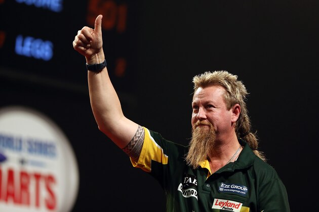 AUCKLAND, NEW ZEALAND - AUGUST 29:  Simon Whitlock reacts during the Auckland Darts Masters at The Trusts Arena on August 29, 2015 in Auckland, New Zealand.  (Photo by Michael Bradley/Getty Images)