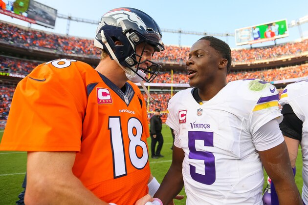 DENVER, CO - OCTOBER 4:  Quarterback Peyton Manning #18 of the Denver Broncos and quarterback Teddy Bridgewater #5 of the Minnesota Vikings shake hands after the Denver Broncos 23-20 win over the Minnesota Vikings at Sports Authority Field at Mile High on October 4, 2015 in Denver, Colorado.  (Photo by Justin Edmonds/Getty Images)