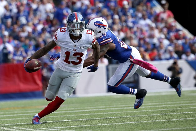 ORCHARD PARK, NY - OCTOBER 04:   Odell Beckham #13 of the New York Giants breaks free of Duke Williams #27 of the Buffalo Bills during the second half at Ralph Wilson Stadium on October 4, 2015 in Orchard Park, New York.  (Photo by Tom Szczerbowski/Getty Images)