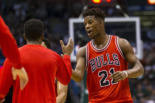Apr 30, 2015; Milwaukee, WI, USA; Chicago Bulls guard Jimmy Butler (21) celebrates following a play during the third quarter against the Milwaukee Bucks in game six of the first round of the NBA Playoffs. at BMO Harris Bradley Center. Mandatory Credit: Jeff Hanisch-USA TODAY Sports
