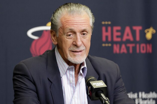 Miami Heat president Pat Riley talks to reporters during a news conference, Thursday, July 9, 2015, in Miami. Goran Dragic has signed his five-year deal with the Miami Heat. (AP Photo/Alan Diaz)