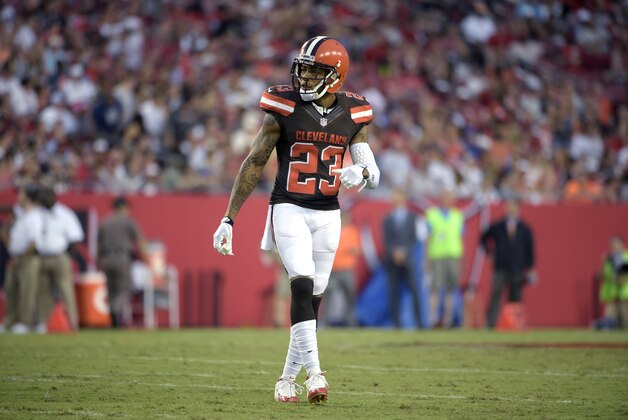 Cleveland Browns cornerback Joe Haden (23) sets up at the line of scrimmage during the first half of a preseason NFL football game against the Tampa Bay Buccaneers in Tampa, Fla., Saturday, Aug. 29, 2015. (AP Photo/Phelan M. Ebenhack)