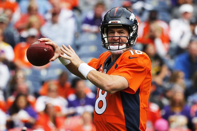 Denver Broncos quarterback Peyton Manning throws during an NFL football game between the Denver Broncos and the Minnesota Vikings Sunday, Oct. 4, 2015, in Denver. (AP Photo/Jack Dempsey)