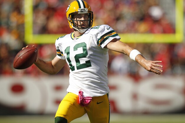 Oct 4, 2015; Santa Clara, CA, USA; Green Bay Packers quarterback Aaron Rodgers (12) against the San Francisco 49ers in the third quarter at Levi's Stadium. The Packers defeated the 49ers 17-3. Mandatory Credit: Cary Edmondson-USA TODAY Sports