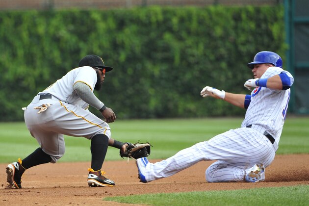 CHICAGO, IL - SEPTEMBER 25:  Kyle Schwarber #12 of the Chicago Cubs is tagged out by Josh Harrison #5 of the Pittsburgh Pirates on a steal attempt during the first inningon September 25, 2015 at Wrigley Field in Chicago, Illinois. (Photo by David Banks/Getty Images)