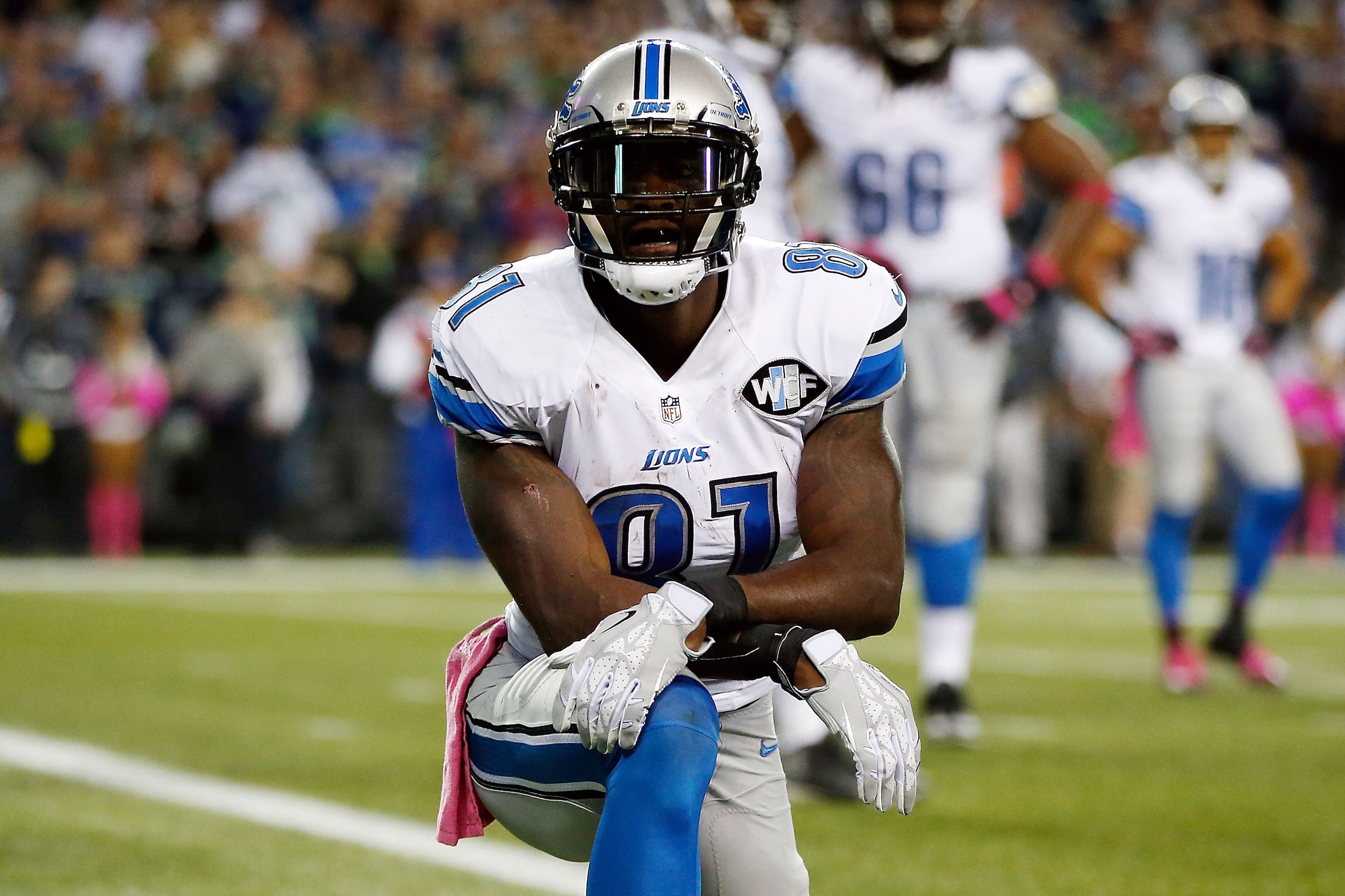 SEATTLE, WA - OCTOBER 05:  Calvin Johnson #81 of the Detroit Lions reacts after fumbling the ball near the goal line during the fourth quarter of a game against the Seattle Seahawks at CenturyLink Field on October 5, 2015 in Seattle, Washington.  (Photo by Otto Greule Jr/Getty Images)