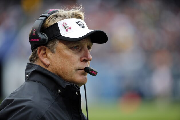 Oakland Raiders head coach Jack Del Rio watches from the sideline during the first half of an NFL football game against the Chicago Bears, Sunday, Oct. 4, 2015, in Chicago. (AP Photo/Charles Rex Arbogast)