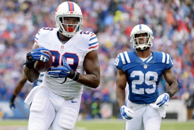 Buffalo Bills running back Karlos Williams (29) runs past Indianapolis Colts strong safety Mike Adams (29) for a touchdown during the first half of an NFL football game on Sunday, Sept. 13, 2015, in Orchard Park, N.Y. Buffalo won 27-14. (AP Photo/Gary Wiepert)
