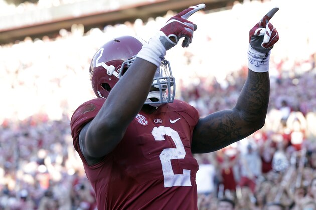 Alabama Crimson running back Derrick Henry (2) celebrates after scoring a touchdown during the second half of an NCAA college football game against Middle Tennessee, Saturday, Sept. 12, 2015, in Tuscaloosa, Ala. (AP Photo/Brynn Anderson)