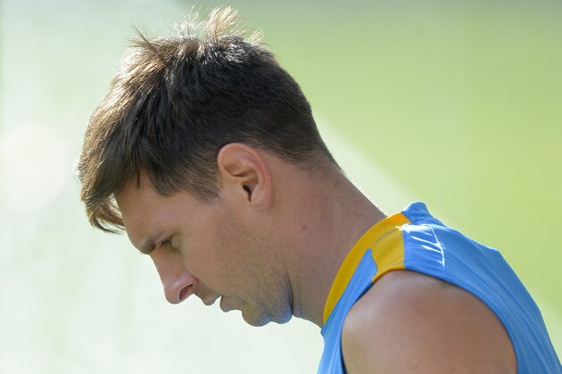 Barcelona's Argentinian forward Lionel Messi looks down during a training session at the Sports Center FC Barcelona Joan Gamper in Sant Joan Despi, near Barcelona on August 16, 2015 on the eve of the Spanish Super Cup final second leg football match FC Barcelona and Athletic Bilbao. AFP PHOTO/ JOSEP LAGO        (Photo credit should read JOSEP LAGO/AFP/Getty Images)