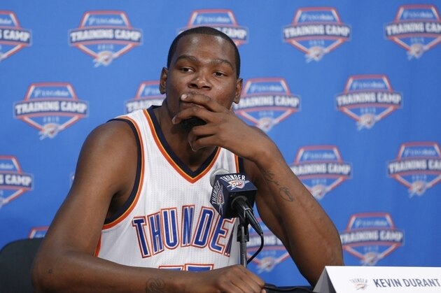 Oklahoma City Thunder forward Kevin Durant listens to a question during media day in Oklahoma City, Monday, Sept. 28, 2015. (AP Photo/Sue Ogrocki)