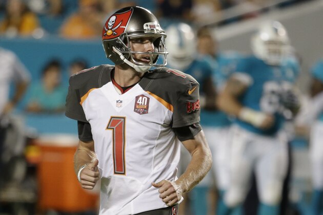 Tampa Bay Buccaneers Connor Barth (1) looks back after his field goal was blocked during the second half of an NFL preseason football game against the Miami Dolphins, Thursday, Sept. 3, 2015, in Miami Gardens, Fla. (AP Photo/Lynne Sladky)