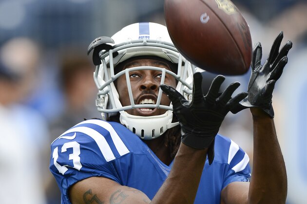 Indianapolis Colts wide receiver T.Y. Hilton warms up before an NFL football game against the Tennessee Titans Sunday, Sept. 27, 2015, in Nashville, Tenn. (AP Photo/Mark Zaleski)