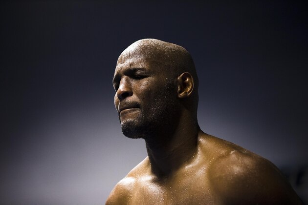 Perspiration collects on Bernard Hopkins during a media workout Tuesday, Oct. 28, 2014, in Philadelphia. Sergey Kovalev, of Russia, will fight Hopkins for his WBA Super World-IBF-WBO light heavyweight titles on Nov. 8, at Boardwalk Hall in Atlantic City, N.J. (AP Photo/Matt Rourke)