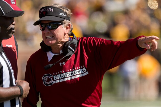 South Carolina head coach Steve Spurrier argues a call during the first quarter of an NCAA college football game against Missouri Saturday, Oct. 3, 2015, in Columbia, Mo. (AP Photo/L.G. Patterson)