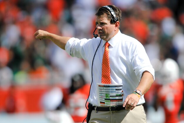 Sep 19, 2015; Miami Gardens, FL, USA; Miami Hurricanes head coach Al Golden reacts during the first half against Nebraska Cornhuskers at Sun Life Stadium. Mandatory Credit: Steve Mitchell-USA TODAY Sports