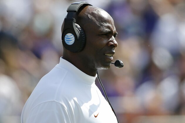 Texas head coach Charlie Strong stands on the sidelines as Texas takes on TCU in the second quarter of an NCAA football game Saturday, Oct. 3, 2015, in Fort Worth, Texas. (AP Photo/Ron Jenkins)