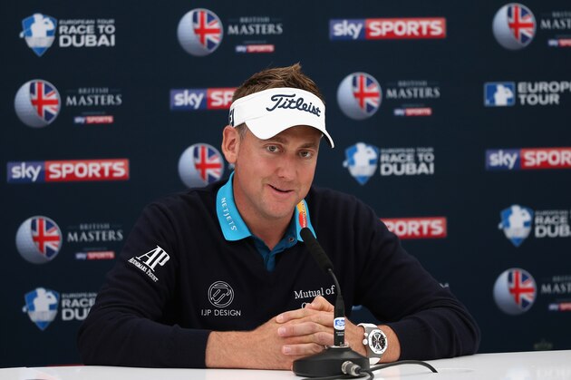 WOBURN, ENGLAND - OCTOBER 06:  Ian Poulter of England talk to the media at a press conference during practice for the British Masters supported by Sky Sports at Woburn Golf Club on October 6, 2015 in Woburn, England.  (Photo by Andrew Redington/Getty Images)