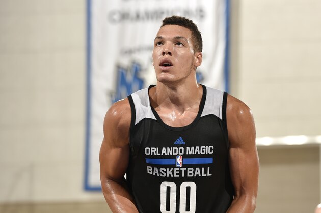 ORLANDO, FL - JULY 6: Aaron Gordon #00 of the Orlando Magic Blue attempts a free throw against the Oklahoma City Thunder on July 6, 2015 at Amway Center in Orlando, Florida. NOTE TO USER: User expressly acknowledges and agrees that, by downloading and or using this photograph, User is consenting to the terms and conditions of the Getty Images License Agreement. Mandatory Copyright Notice: Copyright 2015 NBAE  (Photo by Fernando Medina/NBAE via Getty Images)