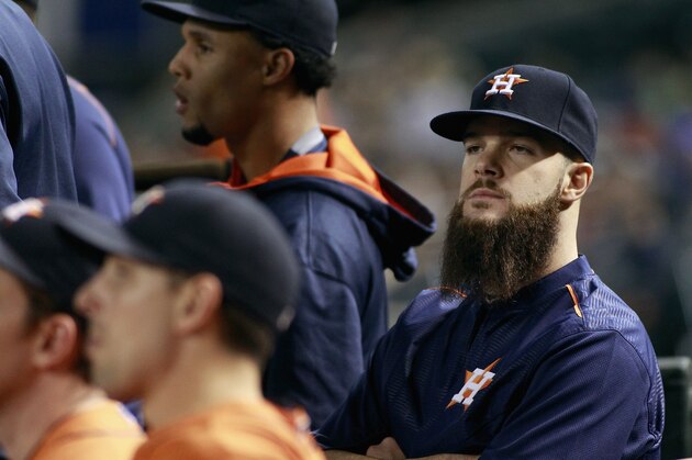 PHOENIX, AZ - OCTOBER 02:  Pitcher Dallas Keuchel #60 of the Houston Astros watches from the dugout during the ninth inning of a MLB game against the Arizona Diamondbacks at Chase Field on October 2, 2015 in Phoenix, Arizona. Keuchel earned his 20th win of the season as the Astros defeated the Diamondbacks 21-5.  (Photo by Ralph Freso/Getty Images)