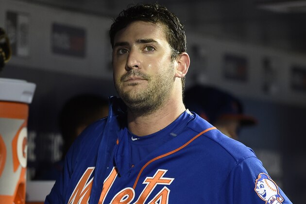 New York Mets starting pitcher Matt Harvey (33) looks towards the field from the dugout in the fifth inning of the second baseball game of a doubleheader against the Washington Nationals, Saturday, Oct. 3, 2015, in New York. Nationals starting pitcher Max Scherzer pitched a no hitter for a 2-0 win. (AP Photo/Kathy Kmonicek)