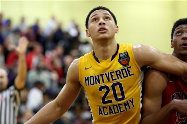 Montverde Academy's Ben Simmons #20 boxes out against Findlay Prep in the DICK'S Sporting Goods High School National Basketball Tournament on Friday, April  3, 2015 in Queens, NY.  (AP Photo/Gregory Payan)
