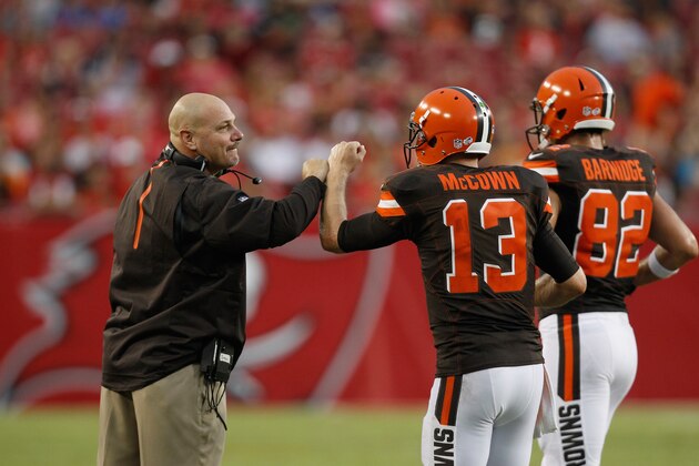TAMPA, FL - AUGUST 29:  Head coach Mike Pettine of the Cleveland Browns celebrates with quarterback Josh McCown #13 of the Cleveland Browns after scoring a touchdown in the preseason game between the Tampa Bay Buccaneers and the Cleveland at Raymond James Stadium on August 29, 2015 in Tampa, Florida. (Photo by Scott Iskowitz/Getty Images)