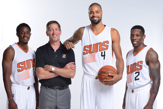 PHOENIX, AZ - SEPTEMBER 28: Brandon Knight #3, Head Coach Jeff Hornacek, Tyson Chandler #4 and Eric Bledsoe #2 of the Phoenix Suns poses for a portrait during Media Day on September 28, 2015 at the Talking Stick Resort Arena in Phoenix, Arizona. NOTE TO USER: User expressly acknowledges and agrees that, by downloading and or using this Photograph, user is consenting to the terms and conditions of the Getty Images License Agreement. Mandatory Copyright Notice: Copyright 2015 NBAE (Photo by Barry Gossage/NBAE via Getty Images)