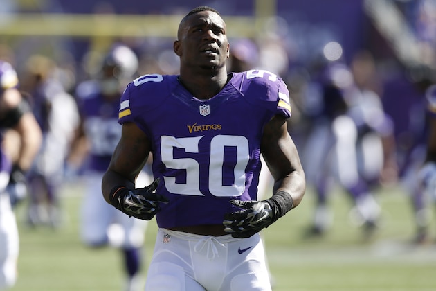 Minnesota Vikings middle linebacker Gerald Hodges (50) takes the field before an NFL football game against the San Diego Chargers  in Minneapolis, Sunday, Sept. 27, 2015.  (AP Photo/Jim Mone)