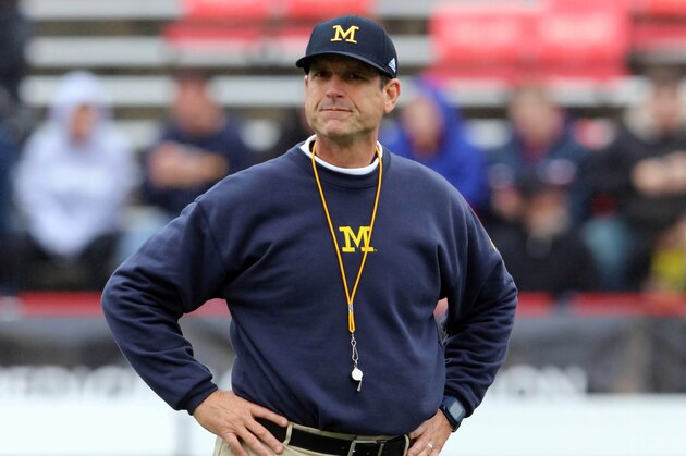 Oct 3, 2015; College Park, MD, USA; Michigan Wolverines head coach Jim Harbaugh during pregame warm up for the game against the Maryland Terrapins at Byrd Stadium. Mandatory Credit: Mitch Stringer-USA TODAY Sports