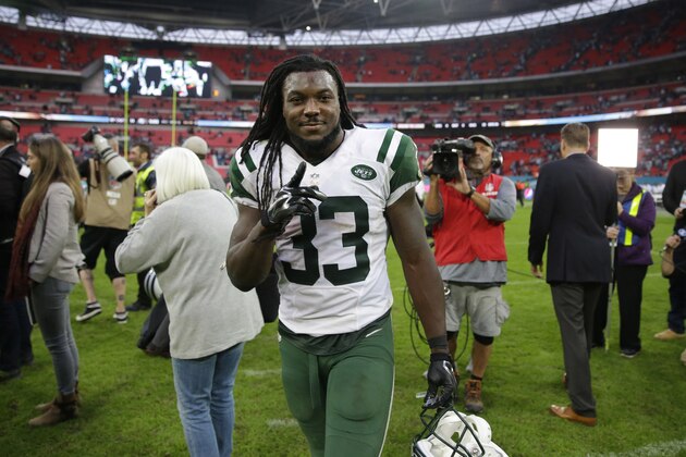 New York Jets' Chris Ivory gestures as he leaves the field at the end of the NFL football game between the New York Jets and the Miami Dolphins and at Wembley stadium in London, Sunday, Oct. 4, 2015. The Jets won the match 27-14.  (AP Photo/Matt Dunham)