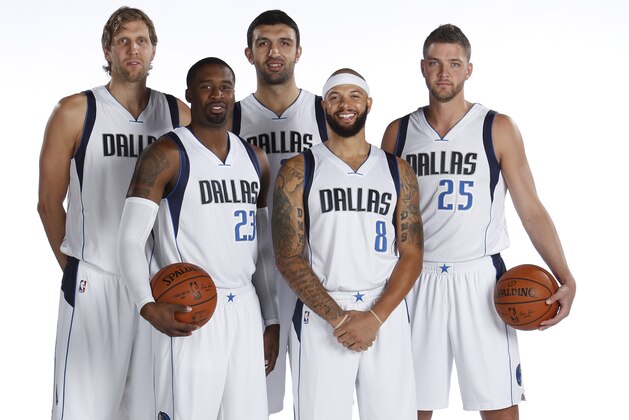 DALLAS, TX - SEPTEMBER 28:  Dirk Nowitzki #41, Wesley Matthews #23, Zaza Pachulia #27, Deron Williams #8 and Chandler Parsons #25 of the Dallas Mavericks pose for a photo during media day on September 28, 2015 at the American Airlines Center in Dallas, Texas. NOTE TO USER: User expressly acknowledges and agrees that, by downloading and/or using this Photograph, user is consenting to the terms and conditions of the Getty Images License Agreement. Mandatory Copyright Notice: Copyright 2015 NBAE (Photo by Glenn James/NBAE via Getty Images)