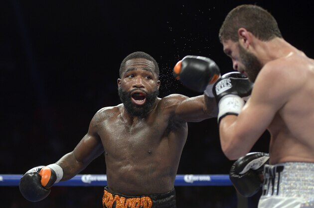 CINCINNATI, OHIO - OCTOBER 03: Adrien Broner, left, takes a swing at Khabib Allakhverdiev during a fight at U.S. Bank Arena on October 4, 2015 in Cincinnati, Ohio. (Photo by Dylan Buell/Getty Images)