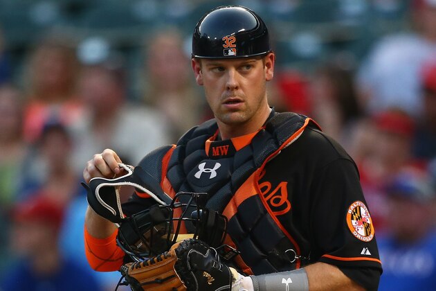 ARLINGTON, TX - AUGUST 28:  Matt Wieters #32 of the Baltimore Orioles at Globe Life Park in Arlington on August 28, 2015 in Arlington, Texas.  (Photo by Ronald Martinez/Getty Images)
