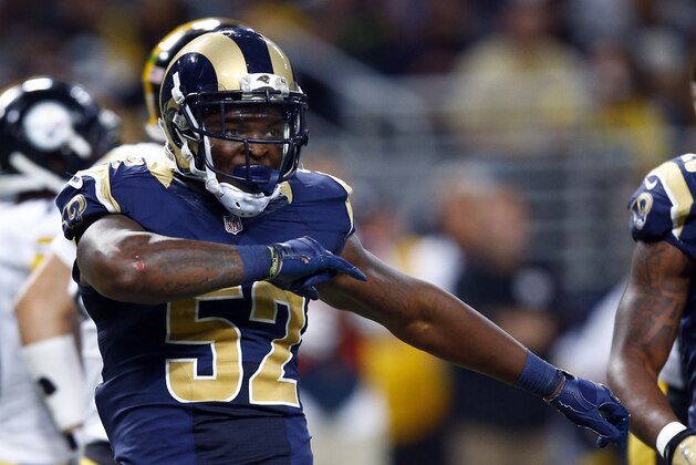 St. Louis Rams linebacker Alec Ogletree celebrates after sacking Pittsburgh Steelers quarterback Ben Roethlisberger for a 9-yard loss during the second quarter of an NFL football game Sunday, Sept. 27, 2015, in St. Louis. (AP Photo/Billy Hurst)