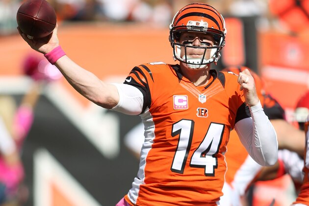 CINCINNATI, OH - OCTOBER 4:  Andy Dalton #14 of the Cincinnati Bengals throws a pass during the third quarter of the game against the Kansas City Chiefs at Paul Brown Stadium on October 4, 2015 in Cincinnati, Ohio. (Photo by John Grieshop/Getty Images)