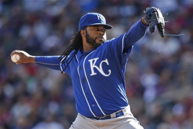 Kansas City Royals starting pitcher Johnny Cueto delivers to the Minnesota Twins in the first inning of a baseball game Sunday, Oct. 4, 2015, in Minneapolis. (AP Photo/Bruce Kluckhohn)