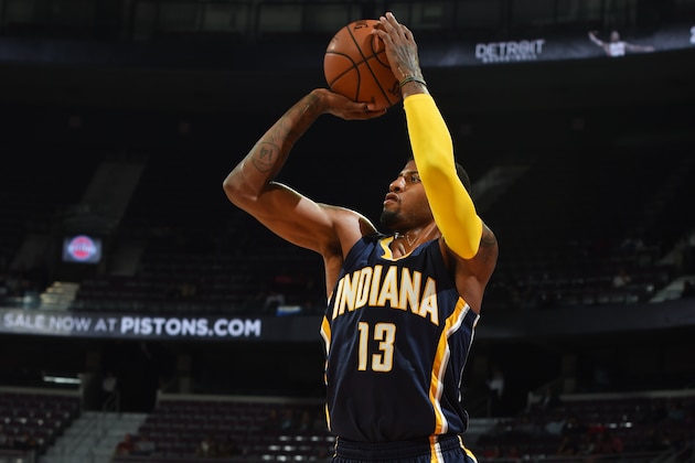 DETROIT, MI - OCTOBER 6: Paul George #13 of the Indiana Pacers shoots against the Detroit Pistons during a preseason game on October 6, 2015 at Palace of Auburn Hills in Auburn Hills, Michigan. NOTE TO USER: User expressly acknowledges and agrees that, by downloading and or using this Photograph, user is consenting to the terms and conditions of the Getty Images License Agreement. Mandatory Copyright Notice: Copyright 2015 NBAE (Photo by Allen Einstein/NBAE via Getty Images)