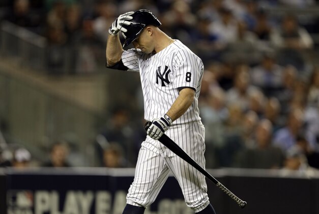 Oct 6, 2015; Bronx, NY, USA; New York Yankees center fielder Brett Gardner (11) reacts after striking out against the Houston Astros during the sixth inning in the American League Wild Card playoff baseball game at Yankee Stadium. Mandatory Credit: Adam Hunger-USA TODAY Sports