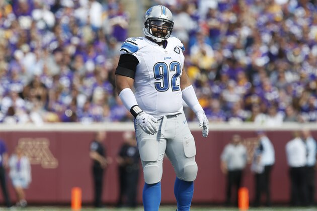 Detroit Lions defensive tackle Haloti Ngata (92) is shown during a timeout in an NFL football game against the Minnesota Vikings, Sunday, Sept. 20, 2015, in Minneapolis. (AP Photo/Jim Mone)