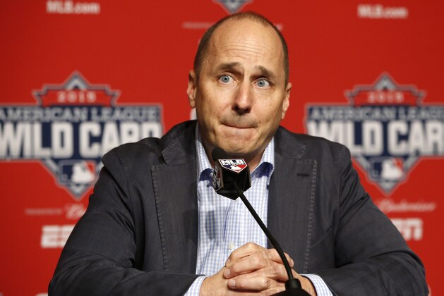 New York Yankees general manager Brian Cashman addresses the media about New York Yankees starting pitcher CC Sabathia, who told the club he is checking himself into an alcohol rehabilitation center and therefore will miss the playoffs, before a workout day Monday, Oct. 5, 2015, for Tuesday's American League Wild Card game at Yankee Stadium in New York. (AP Photo/Kathy Willens)