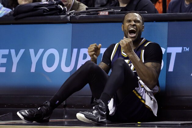 Utah Jazz forward Trevor Booker is shown during the second half of an NBA basketball game against the Portland Trail Blazers in Portland, Ore., Saturday, April 11, 2015.  Booker scored 36 points as they beat the Trail Blazers 111-105. (AP Photo/Don Ryan)