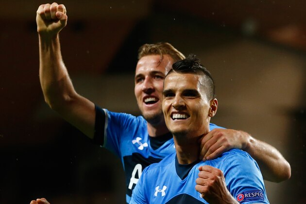 MONACO - OCTOBER 01:  Erik Lamela of Tottenham Hotspur celebrates scoring the opening goal with Harry Kane of Tottenham Hotspur during the UEFA Europa League group J match between AS Monaco FC and Tottenham Hotspur FC at Stade Louis II on October 1, 2015 in Monaco, Monaco.  (Photo by Julian Finney/Getty Images)