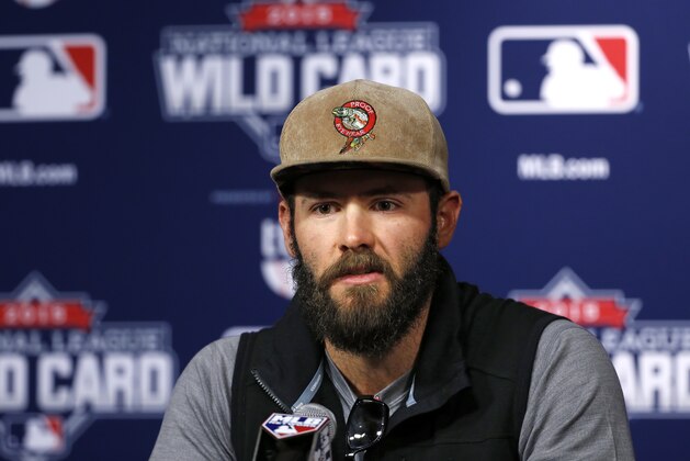 Chicago Cubs Wild Card game starting pitcher Jake Arrieta answers a question during a press conference on workout day, Tuesday, Oct. 6, 2015, for Wednesday's National League Wild Card baseball game at PNC Park in Pittsburgh, Tuesday, Oct. 6, 2015. (AP Photo/Gene J. Puskar)