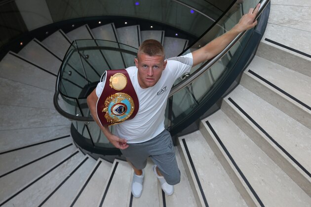 MANCHESTER, ENGLAND - AUGUST 17:   WBO World Lightweight champion Terry Flanagan of England poses after a press conference at the Manchester Hilton Hotel on August 17, 2015 in Manchester, England.  It was announced he would defend his WBO World Lightweight title against Diego Magdaleno of USA in Manchester on October 10, 2015.  (Photo by Dave Thompson/Getty Images)